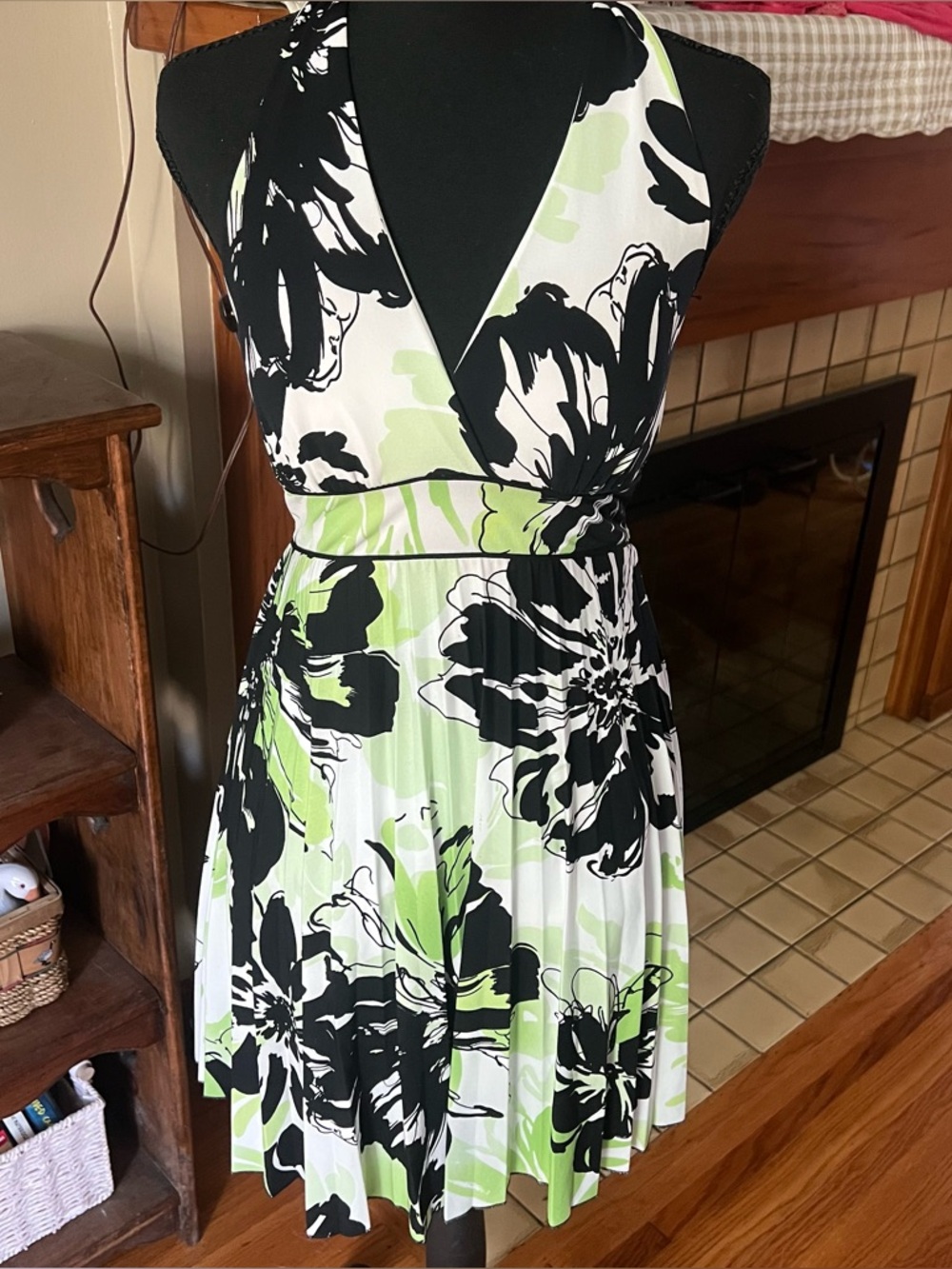 Y2K Floral Halter Mini Dress in Black, White & Lime Green